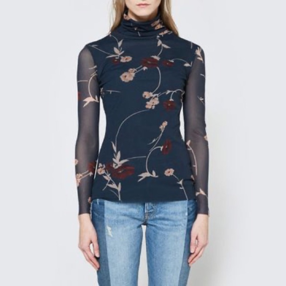 Ganni Navy Floral Turtleneck Blouse